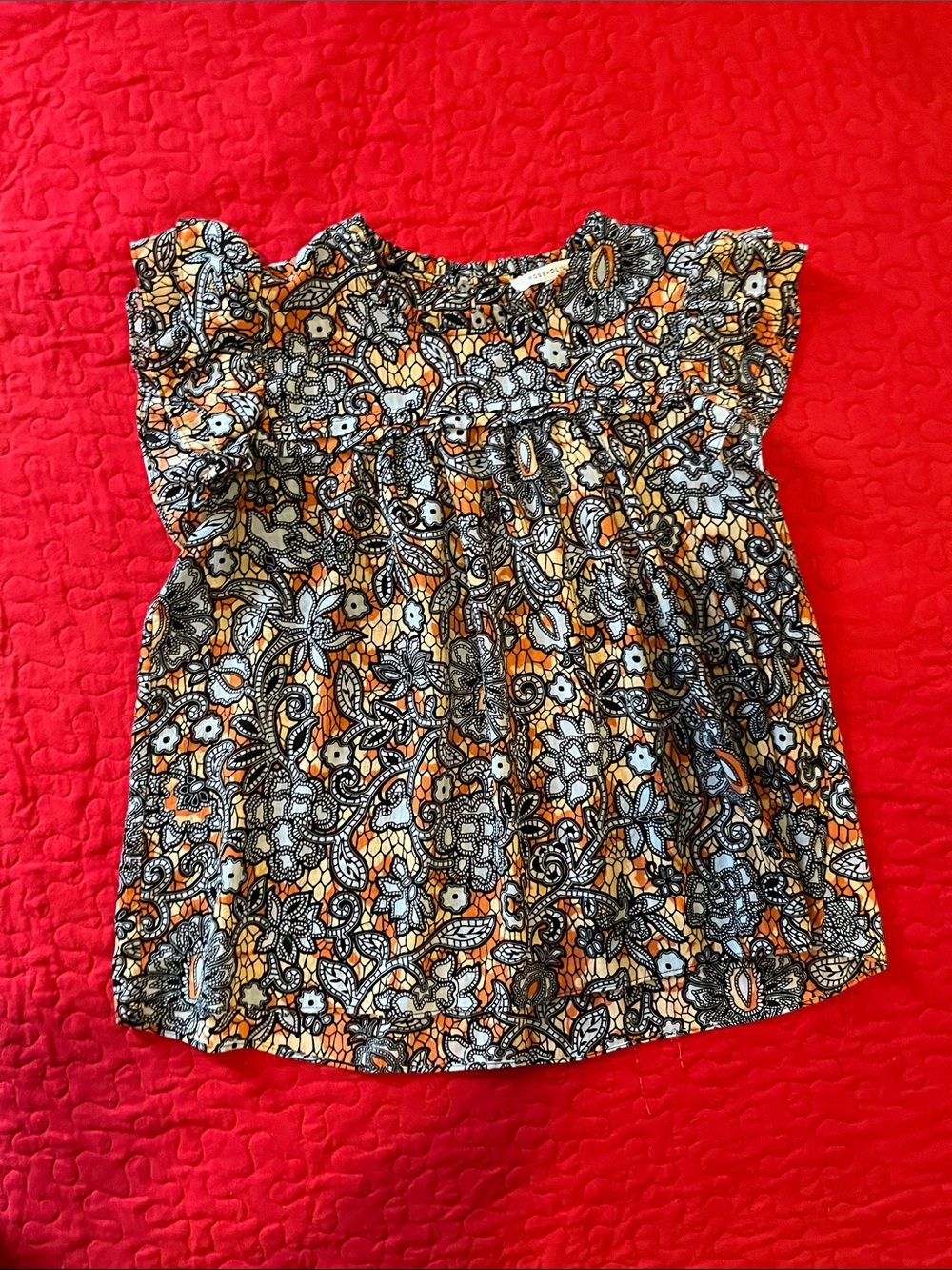 Rose & Olive Orange and Black Floral Ruffle Sleeve Top